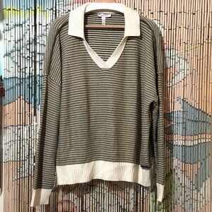 Peace Love World Reverse Knit Striped Cotton Blend Sweater, Olive/Ivory, XL